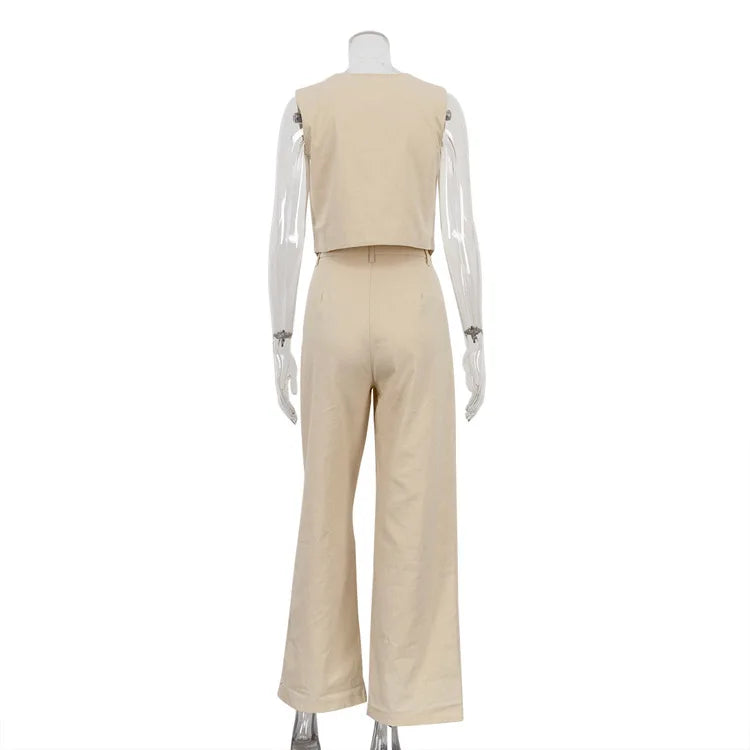 Summer White Linen Two-Piece Set for Women | Fashion Sleeveless Tank Top with High-Waist Wide-Leg Pants Myles