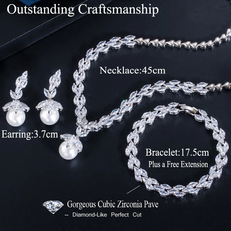 3pcs Silver Marquise-Cut Cubic Zirconia Jewelry Set – Big Pearl Drop Earrings, Bracelet & Necklace for Ladies Lisette