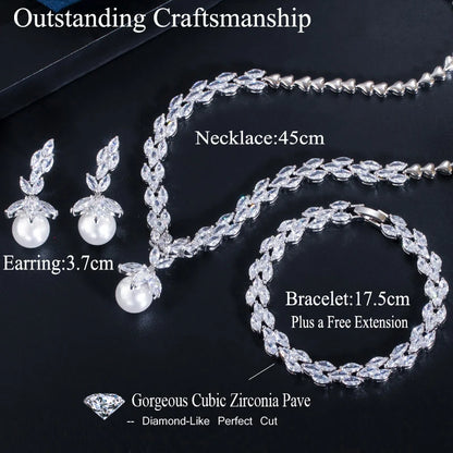 3pcs Silver Marquise-Cut Cubic Zirconia Jewelry Set – Big Pearl Drop Earrings, Bracelet & Necklace for Ladies Lisette