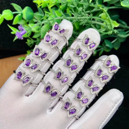 White Copper Silver-Plated Gemstone Rings – Resizable Amethyst Crystal Finger Rings | Perfect Gift for All Occasions