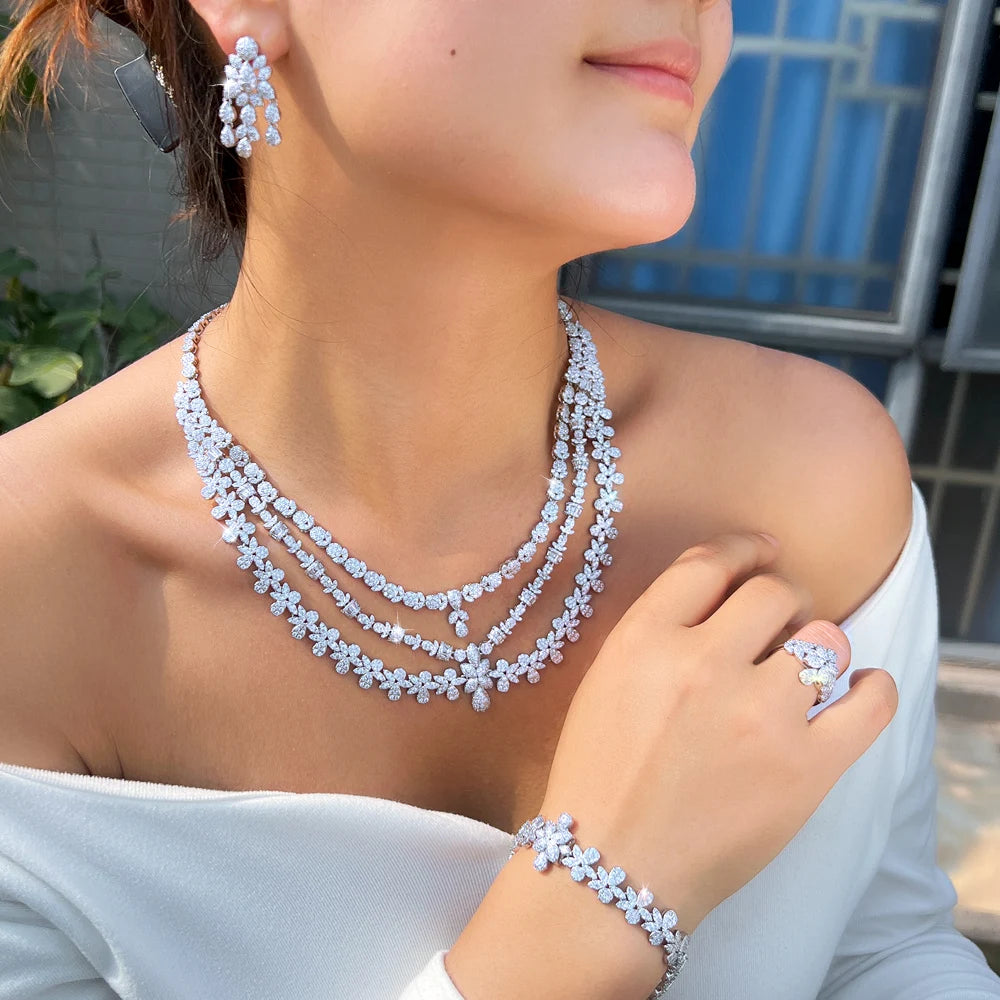 4pcs Luxury Triple-Layered Flower Jewelry Set – Necklace, Earrings & Tassel | Big Middle East Bridal Wedding Jewelry for Women Édith-Marie