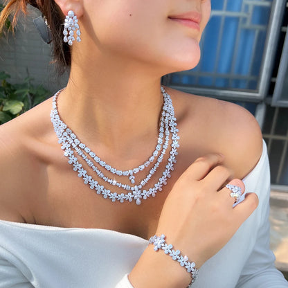 4pcs Luxury Triple-Layered Flower Jewelry Set – Necklace, Earrings & Tassel | Big Middle East Bridal Wedding Jewelry for Women Édith-Marie