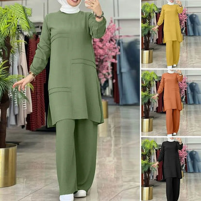 Elegant Muslim Women's Two-Piece Set – Long-Sleeved Shirt & Wide-Leg Pants | Modest Solid Color Outfit Ceyda
