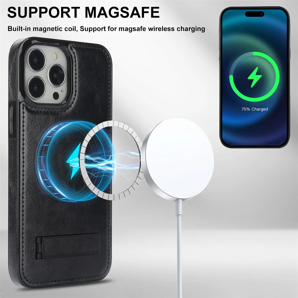 Luxury Leather Strong Magnetic Wireless Charging Mobile Case for iPhone 15 14 12 Pro Max Kickstand Phone Case