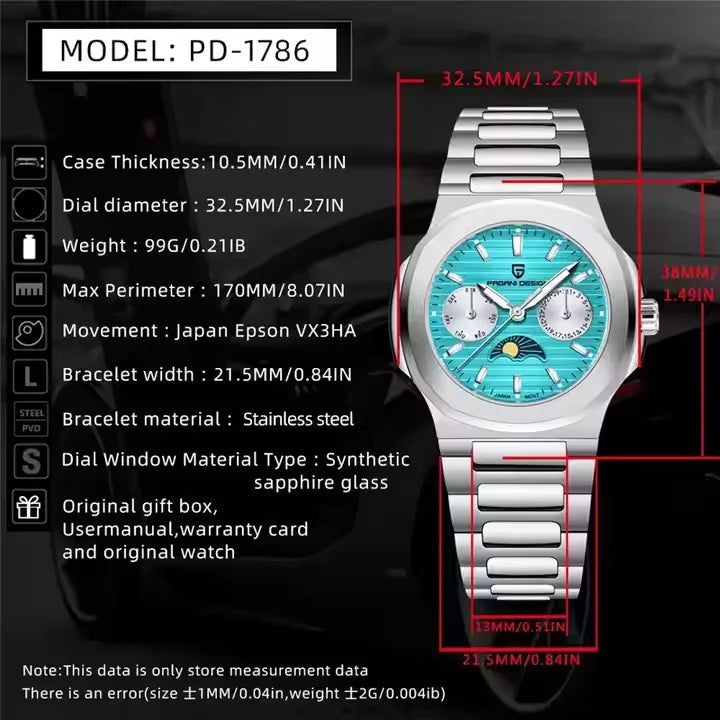 PAGANI DESIGN 1786 Luxury Quartz Watch - Men's Multifunctional Chronograph, Moon Phase, Women's Automatic Option