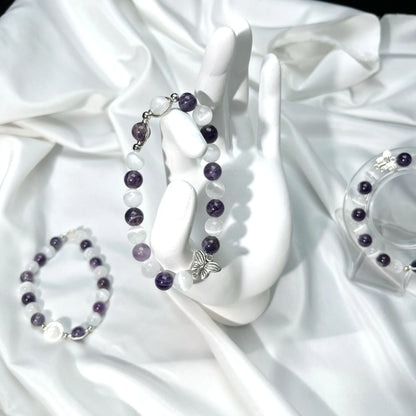 Lucky Beads Amethyst & Selenite Natural Energy Gemstone Bracelet – Healing Crystals Jewelry Gift for Women