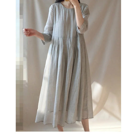 Women's Retro Loose Long Summer Dress - Cotton Linen Half Sleeve Vacation Outfit with O-Neck and Solid Color Design Colleen