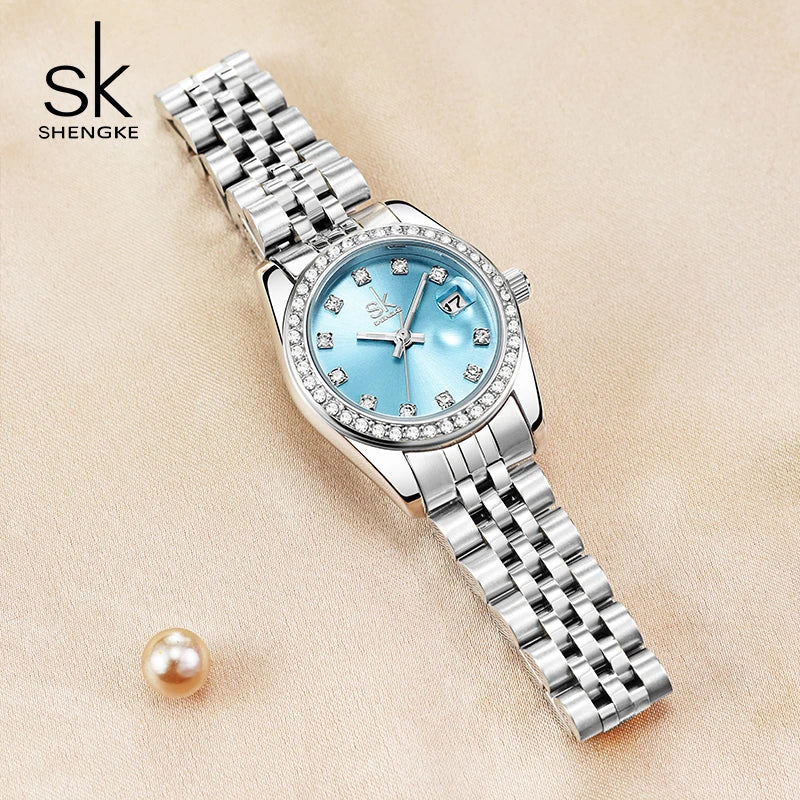 Shengke Elegant Women's Crystal-Accented Quartz Watch with Solid Alloy Steel Band and Calendar – Perfect Dress Watch for Women