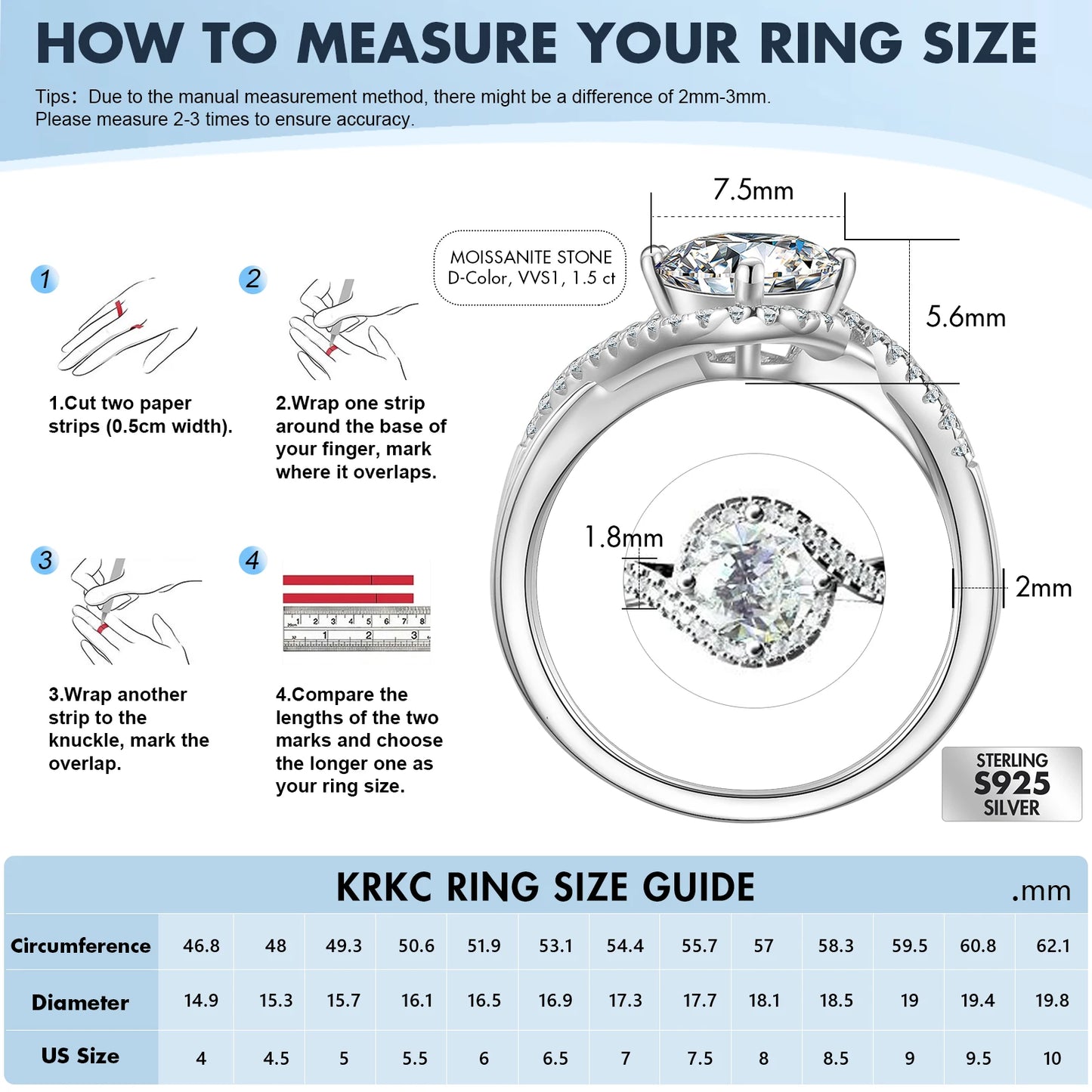 Luxury Bridal Moissanite Diamond Ring - 2.0ct & 1.0ct White Gold-Plated 925 Sterling Silver Engagement Promise Ring