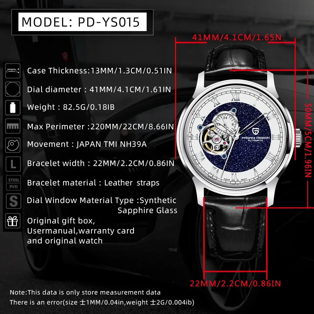 PAGANI DESIGN YS015 Men's Mechanical Tourbillon Watch - NH39 Movement, Sapphire Glass, 100M Waterproof, Luxury Timepiece
