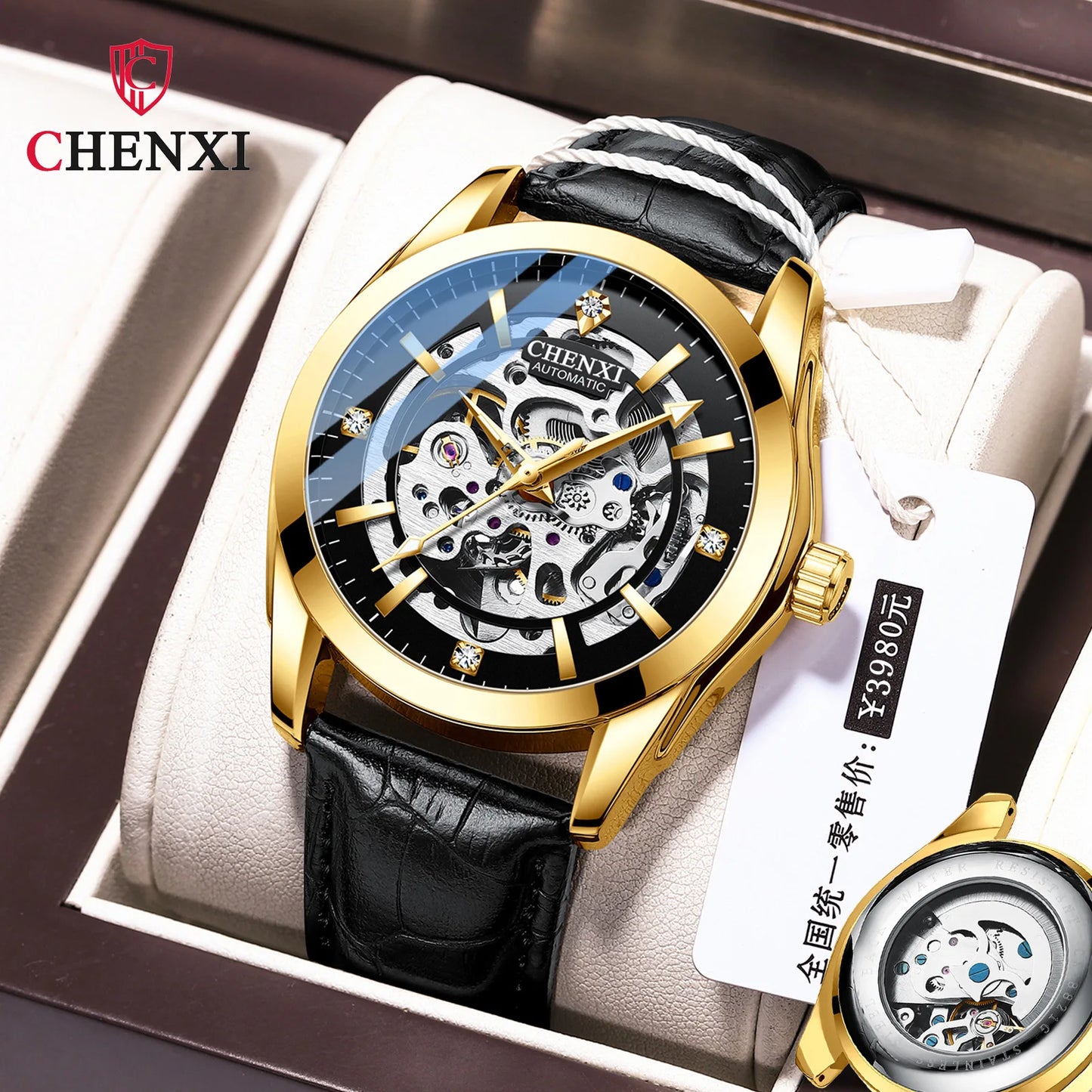 CHENXI 
8821 Men’s Transparent Skeleton Watch – 40mm Automatic Movement, Waterproof Leather Wristwatch
