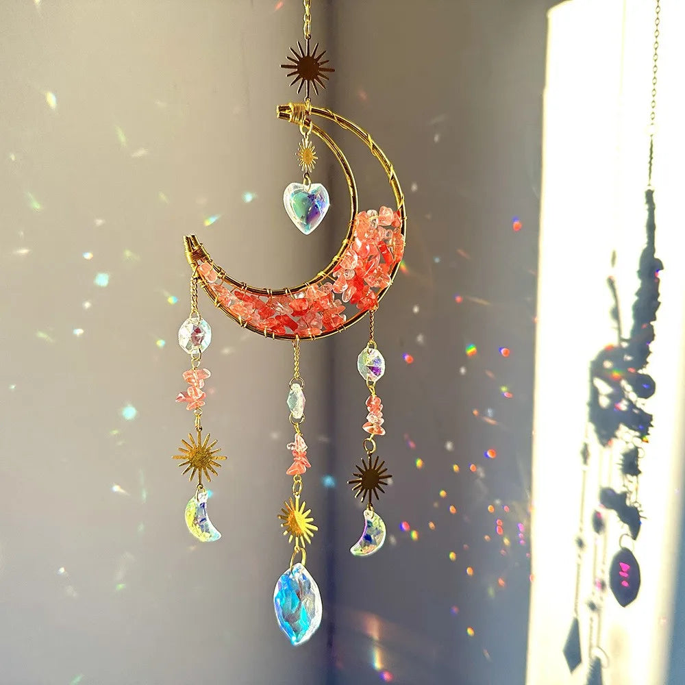 Natural Crystal Handmade Hanging Sun Catcher – Moon-Shaped Crystal Sun Catchers, Hanging Prisms & Rainbow Makers