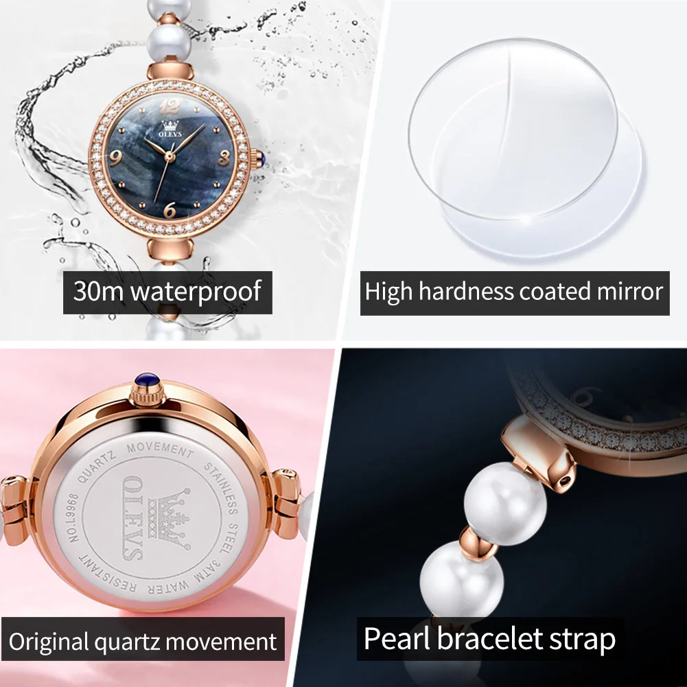 OLEVS 9968 Women's Luxury Leather Wristwatch – Quartz Bracelet Watch with Diamond Accents and Pearl Winding Mélusine