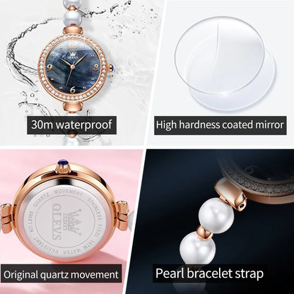 OLEVS 9968 Women's Luxury Leather Wristwatch – Quartz Bracelet Watch with Diamond Accents and Pearl Winding Mélusine