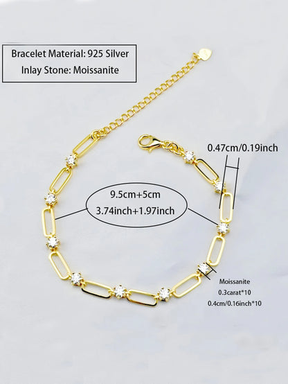 Paper Clip Design Women's Tennis Bracelet – 18K Gold-Plated 925 Sterling Silver with Moissanite, Elegant and Fashionable Jewelry