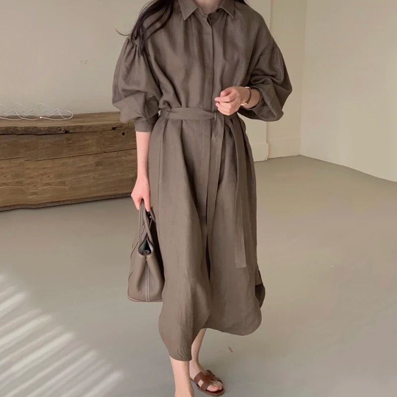 Women Casual Loose Lantern Sleeve Mid-length Shirt Dress
