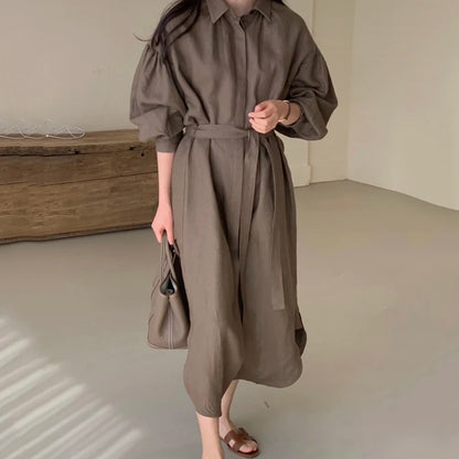 Women Casual Loose Lantern Sleeve Mid-length Shirt Dress