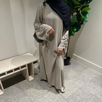 Plain Solid Color Abaya Dress with Drawstring Cuffs – Modest Islamic Clothing for Muslim Women Asma