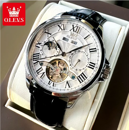 OLEVS 7013 Men's Moon Phase Mechanical Watch – Roman Scale, Hollow Flywheel, Waterproof Automatic Timepiece