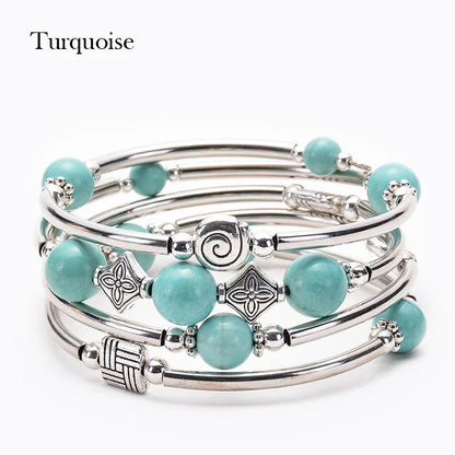 Fashion Charm Natural Stone Beaded Bracelet – Turquoise Crystal Multilayer Spiral Memory Wrap Bangle for Women Helena