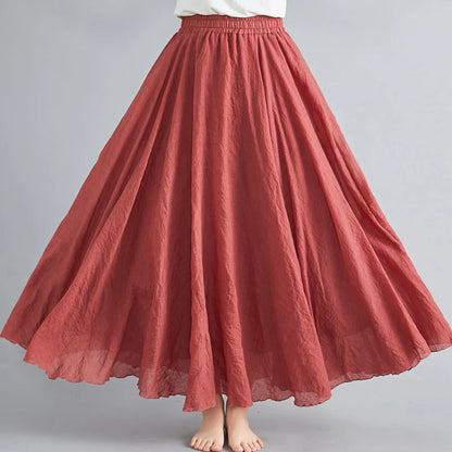Women Loose Cotton Linen Elastic Waist A-line Solid Color Pleated Skirt