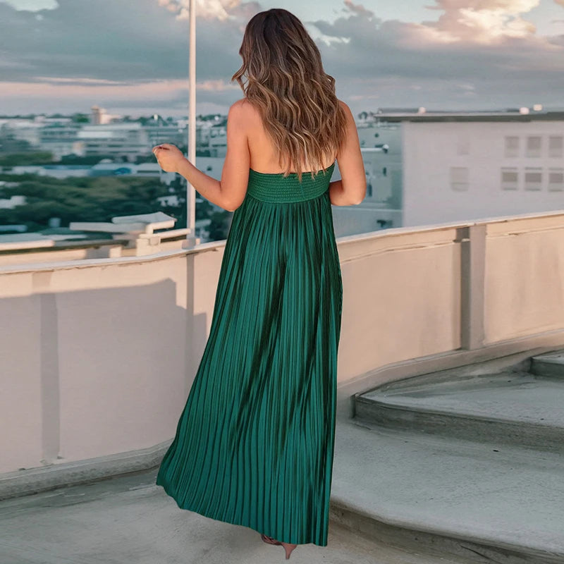 Women's Backless Pleated Halter Dress | Elegant Summer Ball Gown Midi Sabrina