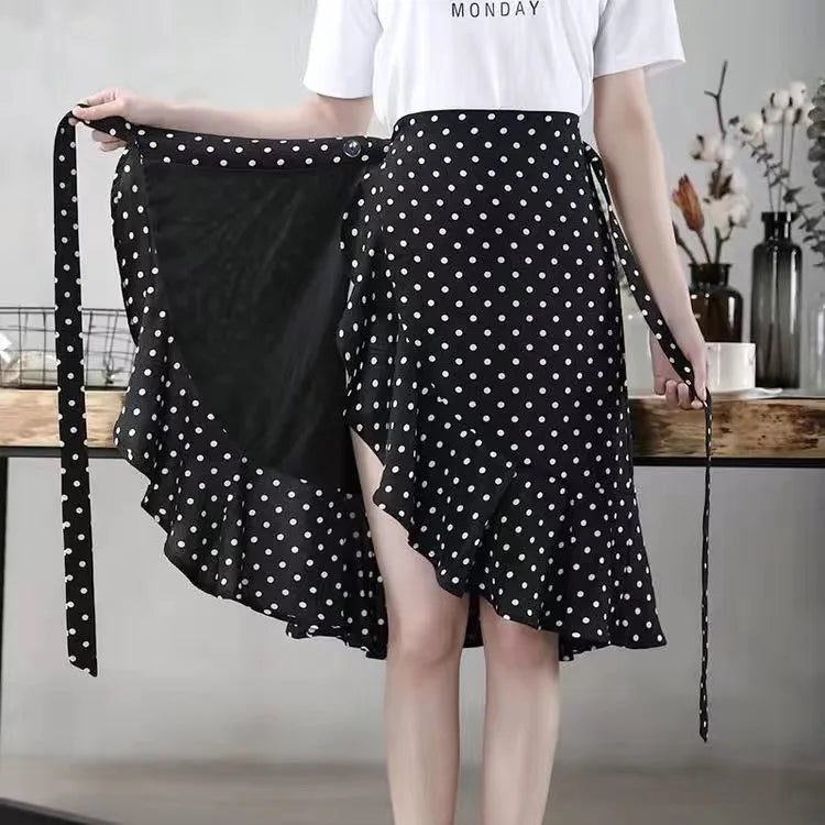 Women Girls Dot Printed Fishtail Skirt Ruffles Irregular Hem Bandage Belt Mermaid Dress Long Skirt