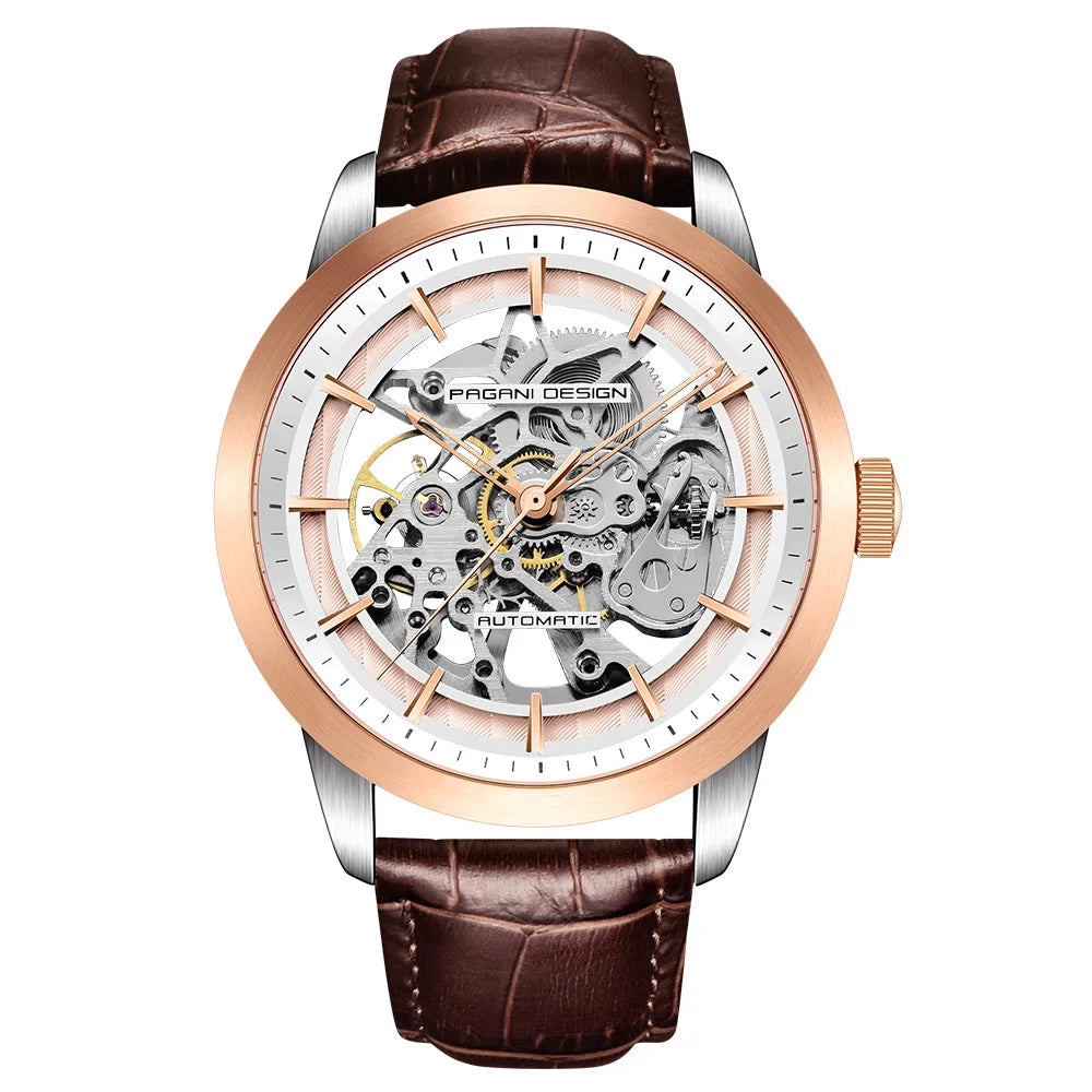 PAGANI DESIGN 1638 Men's Skeleton Watch - Luxury Mechanical Wristwatch, Hollow Dial, Leather Strap, Stylish Relogio Masculino