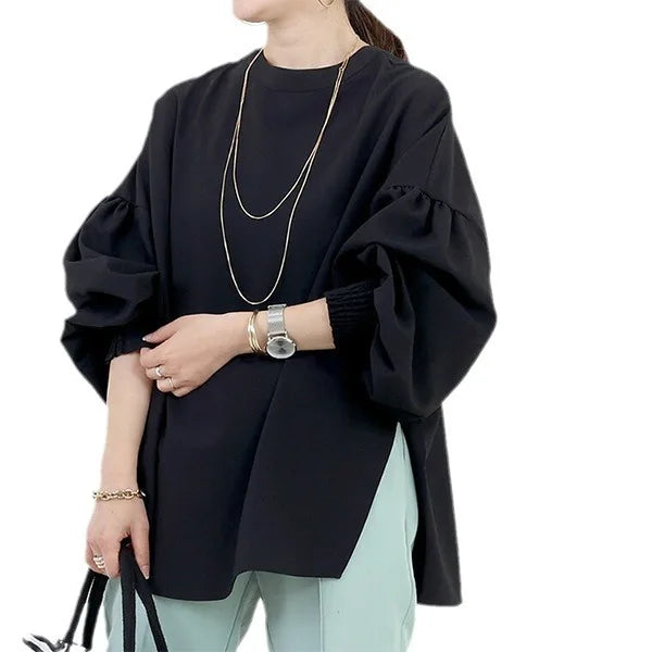 Women Blouse Round Neck Long Sleeve Slit Lantern Sleeve