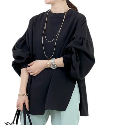 Women Blouse Round Neck Long Sleeve Slit Lantern Sleeve