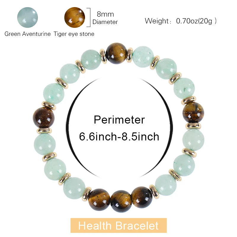 8mm Green Aventurine and Tiger Eye Stone Bracelet | Natural Stretch Beaded Bracelet for Health, Wealth, Luck & Career Success Serena