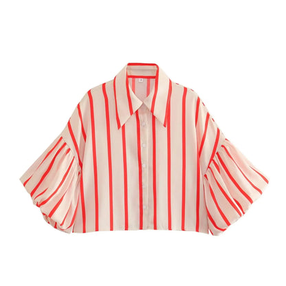 Women's Vintage Print Cropped Blouse – Loose, Comfortable with Puff Sleeves and Back Elastic