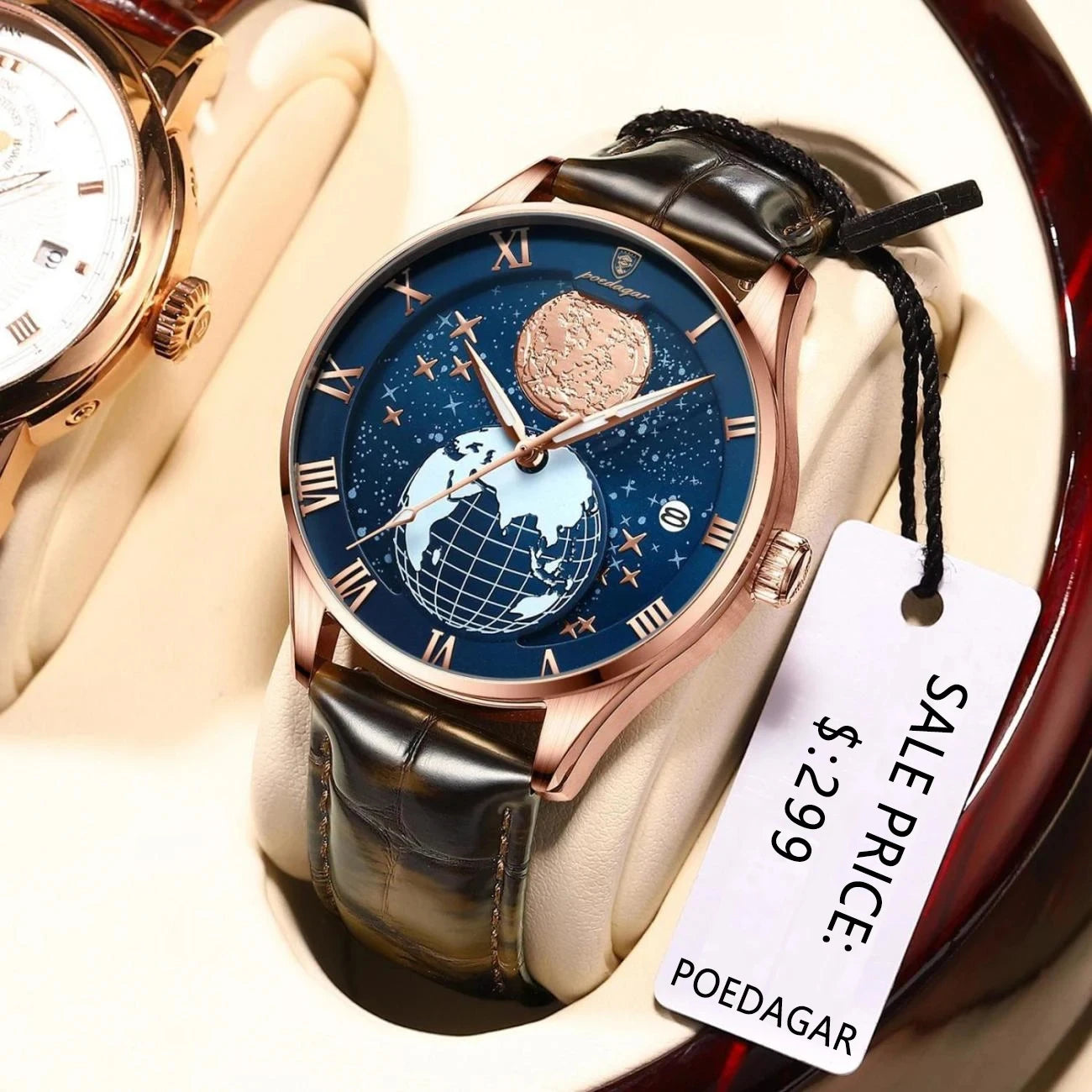 POEDAGAR 803 Men's Quartz Watch – Fashion Leather Strap Waterproof Wristwatch with Globe Dial, Automatic Calendar, and Trendy Design Nicolas