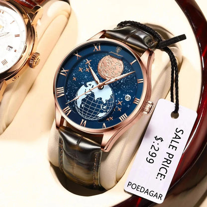 POEDAGAR 803 Men's Quartz Watch – Fashion Leather Strap Waterproof Wristwatch with Globe Dial, Automatic Calendar, and Trendy Design Nicolas