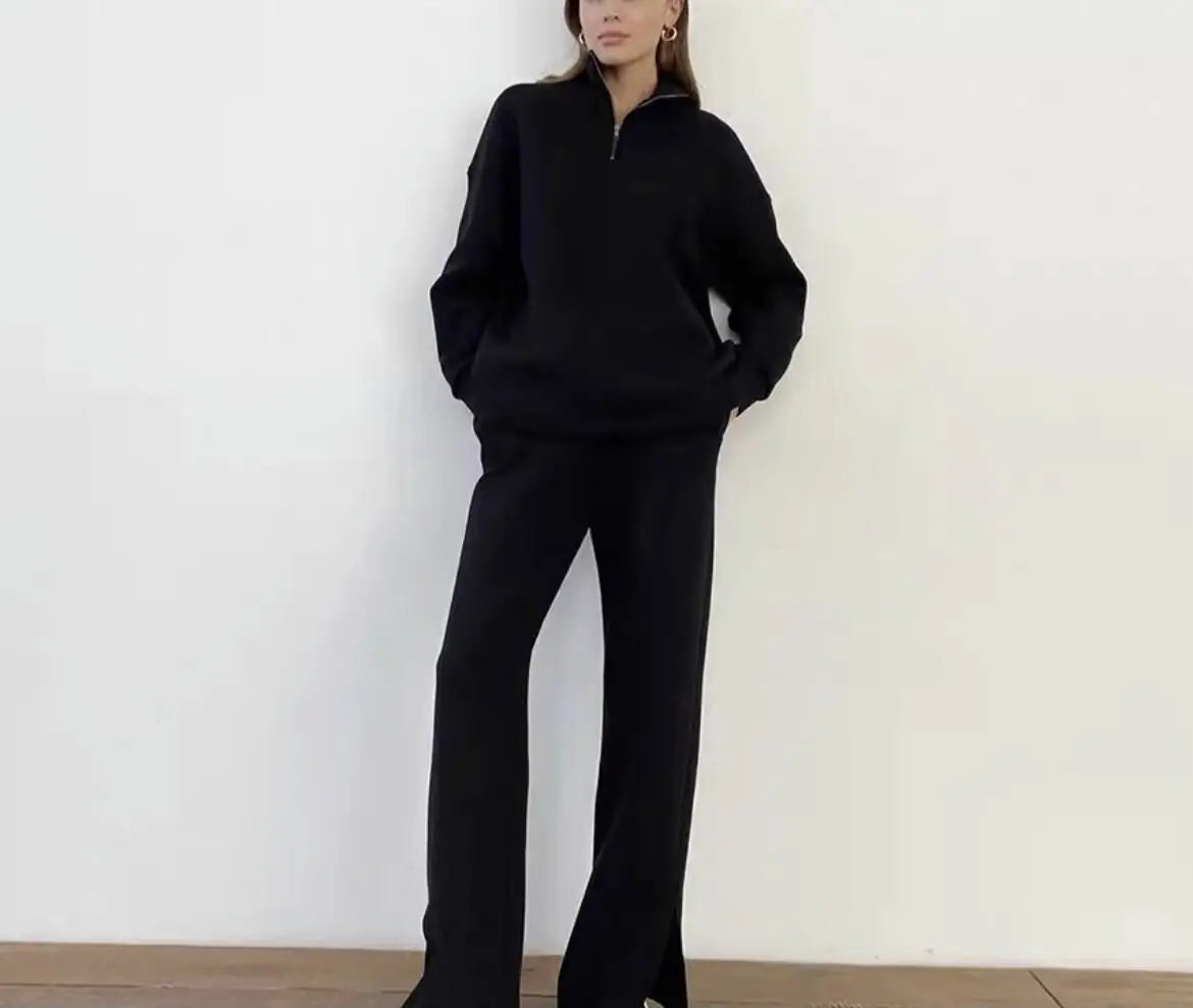 Autumn Women's Fashion Set - Stand Collar Loose Sweatshirt & Casual Pants