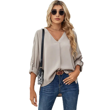 Women's Chiffon Blouse – Solid Color V-Neck Long Sleeve Casual Fashion Top