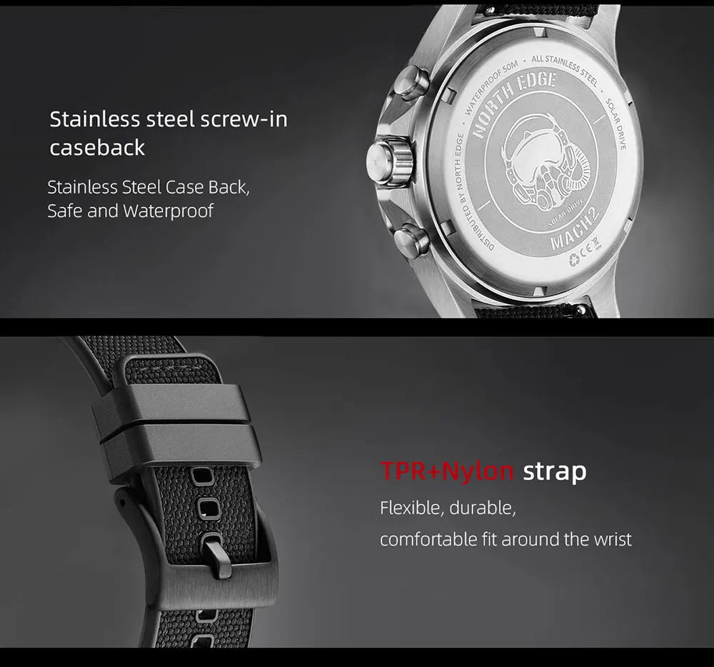 North Edge Mach2 Sports Watch – Solar-Powered Waterproof Chronograph with Stainless Steel Design