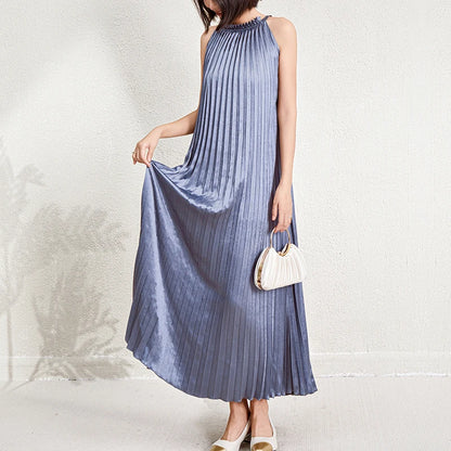 Women's Halter Neck Sleeveless Dress | Metallic Polyester Flowing Pleated Beach Tank Dress Juliette