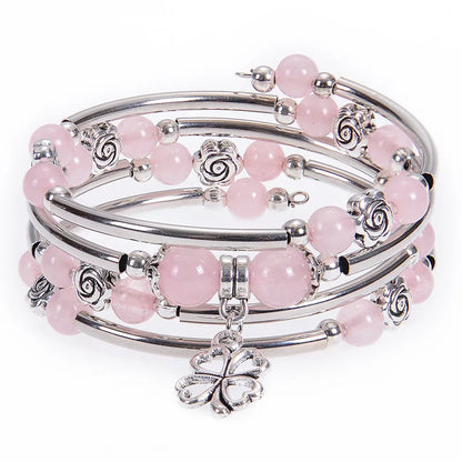 Fashion Multilayer Natural Stone Beaded Bracelet – 6MM/8MM Pink Zebra Stone with Flower Pendant | Handmade Wrap Jewelry for Women Marielle