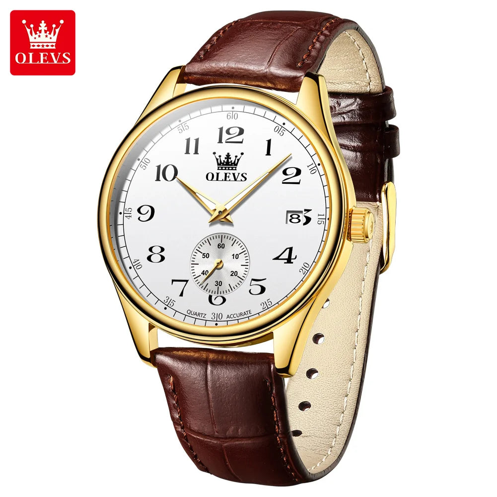 OLEVS 3622 Men's Quartz Watch – Genuine Leather Strap, Luminous Dial, and Date Display Xavier