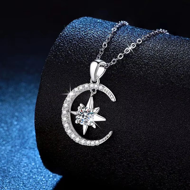 D Color Moissanite Necklace – 925 Sterling Silver Moon & Star Pendant for Women