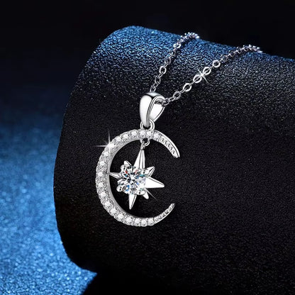 D Color Moissanite Necklace – 925 Sterling Silver Moon & Star Pendant for Women