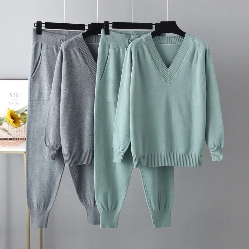 Autumn & Winter Women's Sweater Two-Piece Set – Casual Knit Jumper and Harun Pants Outfit Harlene