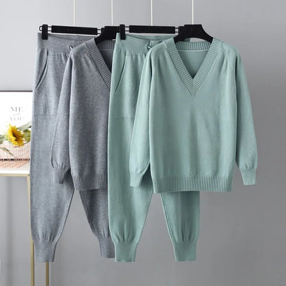 Autumn & Winter Women's Sweater Two-Piece Set – Casual Knit Jumper and Harun Pants Outfit Harlene