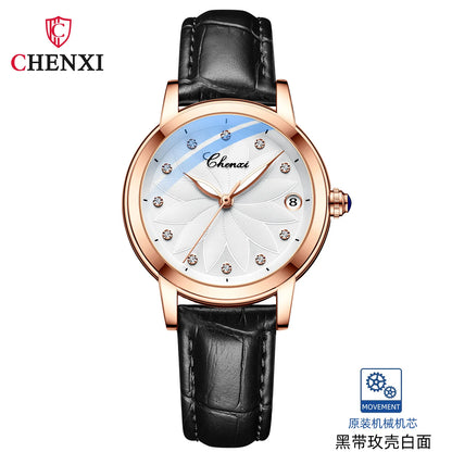 CHENXI 8833 Women's Luxury Automatic Mechanical Watch - Genuine Leather, Diamond Dial, Waterproof, Luminous Calendar