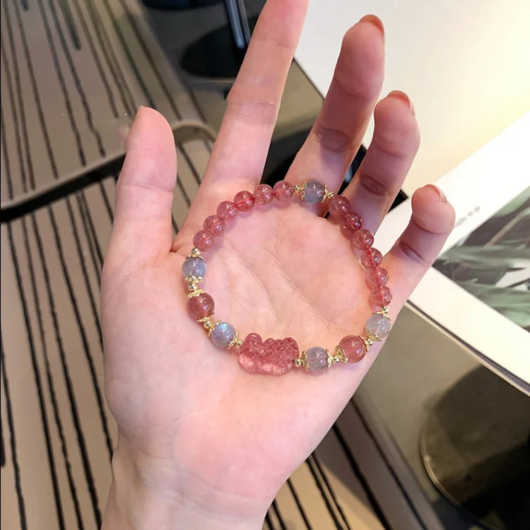 Strawberry Quartz Pi Xiu Bracelet for Women – Natural Crystal Bracelet with Red Woven Strap | Perfect Gift for Girlfriends