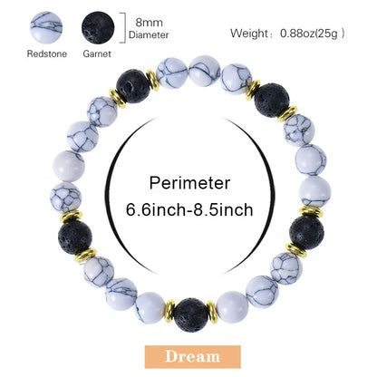 Handmade 8mm White Howlite & Lava Stone Beaded Bracelet | Natural Stone Jewelry for Career, Wealth, Luck & Personal Meaning Lilia