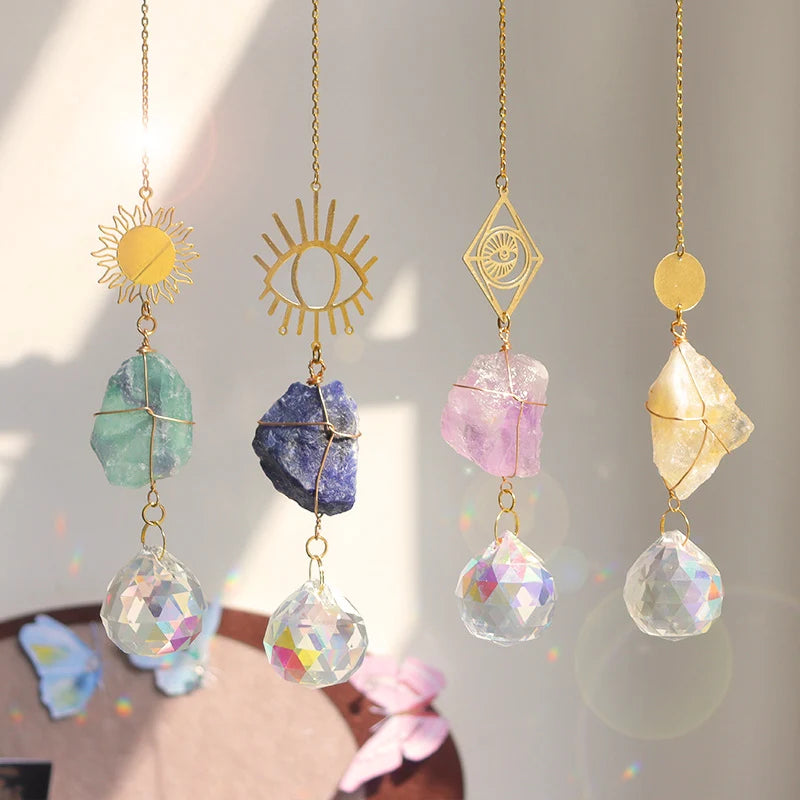 Natural Crystal Suncatcher | Raw Healing Crystals Hanging Sun Catcher for Home Décor & Positive Energy