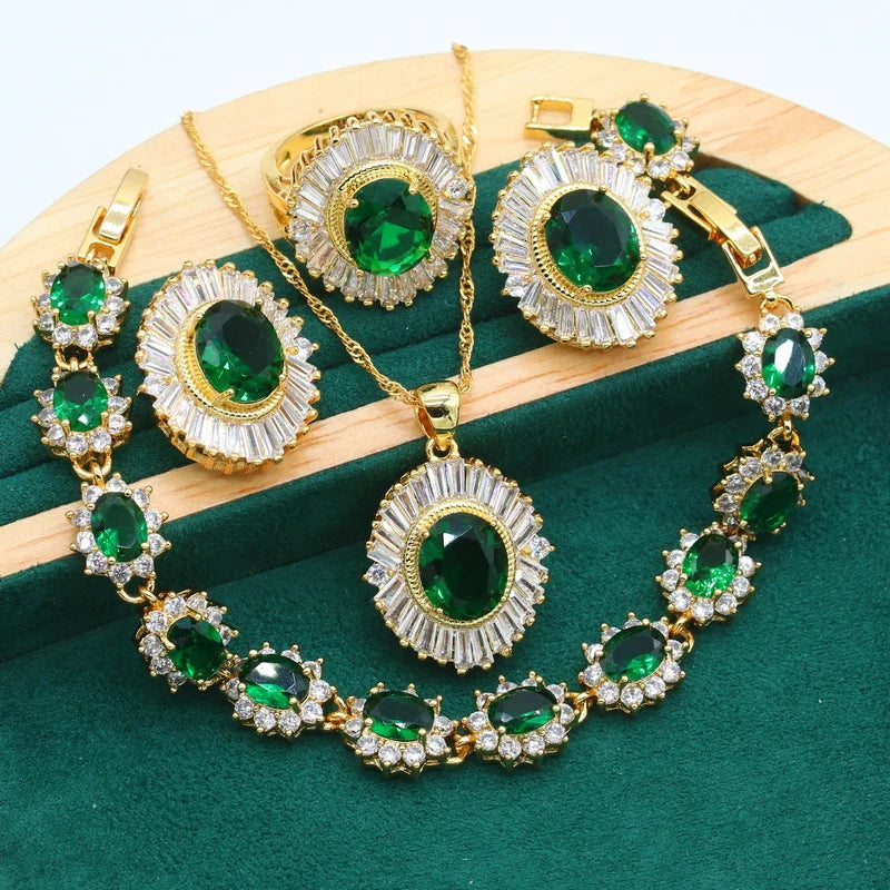 Women's Gold Alloy Jewelry Set – Wedding Party Bracelet, Earrings, Necklace, Pendant, and Zircon Ring, Perfect Christmas Gift Helene