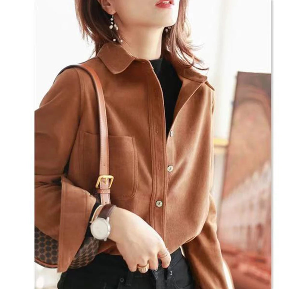 Women's Long Sleeve Corduroy Shirt – Lapel Collar Single-Breasted Button-Up Blouse with Pockets Stella